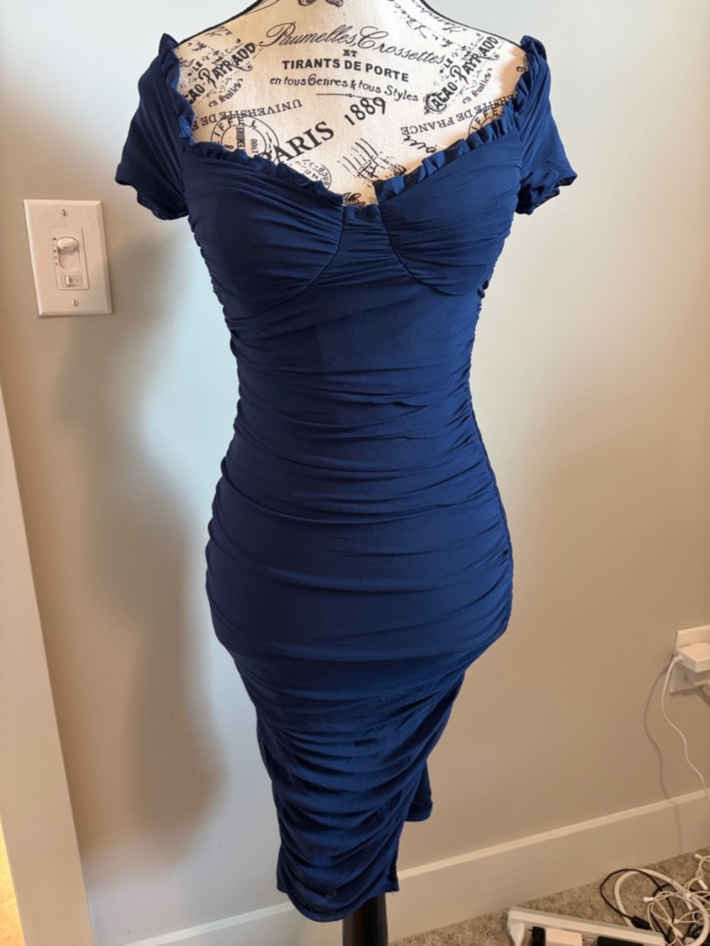 Windsor Navy Ruched Over-the-Shoulder Bodycon Midi Dress